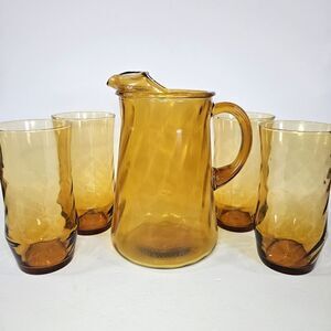 Vintage Libbey Glass Amber Optic Swirl Water Pitcher & 4 10" Tall Tumbler Set